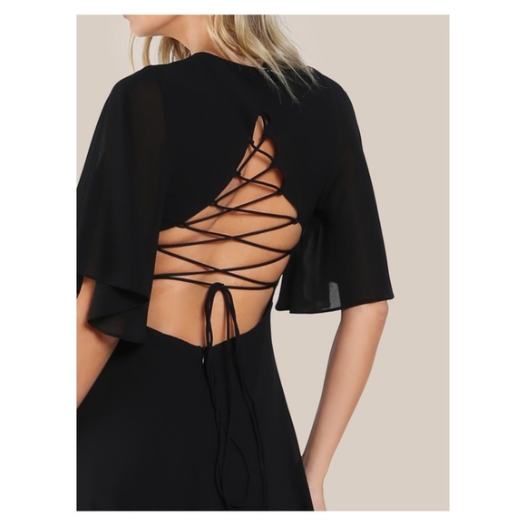 Black Flutter Sleeve Lace Up Open Back Maxi Dress - Picture 4 of 5